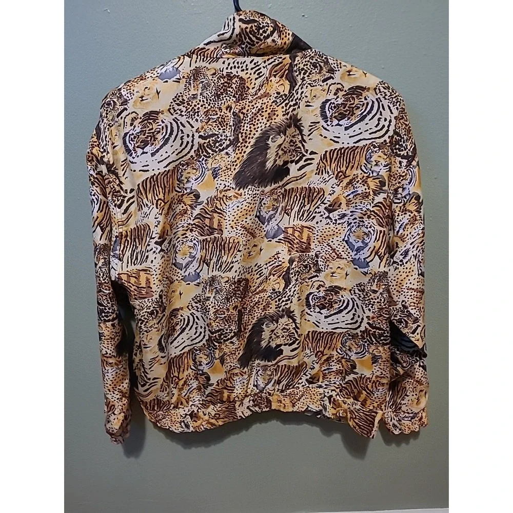 Vintage 1980s 100% Silk Cat Windbreaker Coat Lions Tigers Leopard Sz Medium - Picture 6 of 11